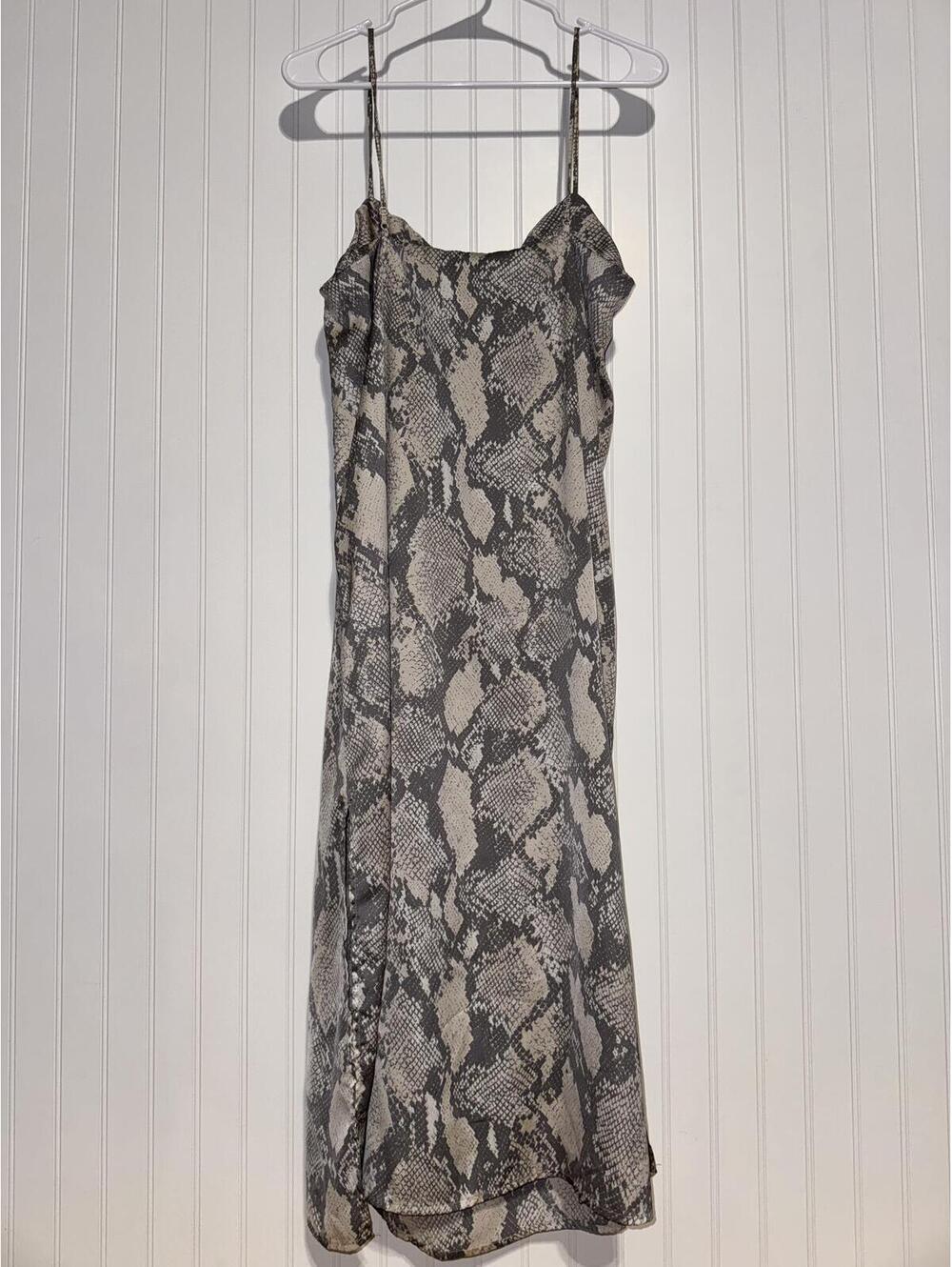 H&M Satin Snake Print Slip Dress Beige Gray Cowl Neck Slit Midi Size 2